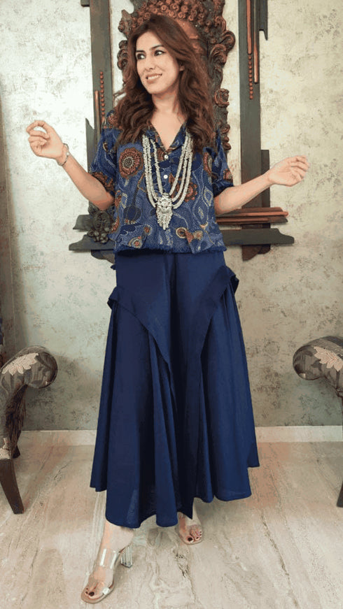 Blue Shirt with Drape Flared Pants